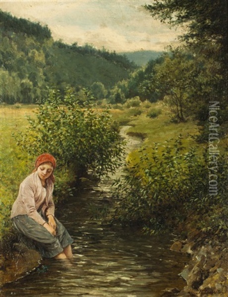 Madchen Am Bach Oil Painting - Adolf Liebscher