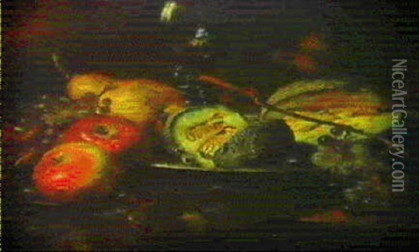 Fruchtestilleben Mit Trauben, Apfeln, Melone, Birne Und     Einem Romerglas Auf Einem Tisch Oil Painting - Ludwig Adam Kunz