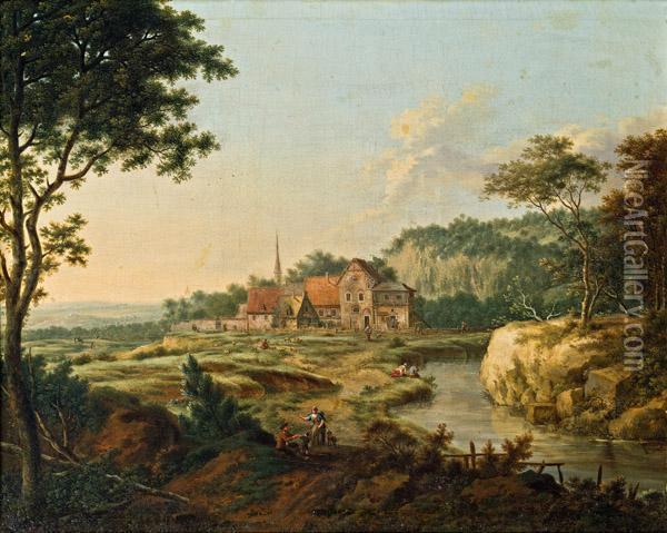 Weite Landschaft Mit Fluss Und Dorf, Davor Landliche Staffage Oil Painting - Johann Christian Vollerdt or Vollaert