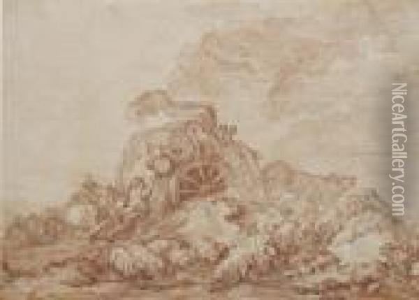 Une Charrette Embourbee Devant Un Troupeau De Moutons Et Entouree De Paysans Oil Painting - Robert Ango