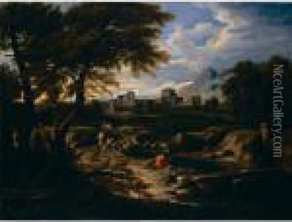Paesaggio Fluviale Con Figure E Fortezza In Secondo Piano Oil Painting - Gaspard Dughet Poussin