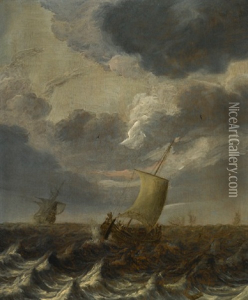 Ships On Choppy Waters Oil Painting - Cornelis Leonardsz Stooter