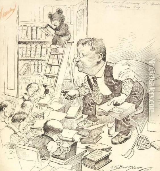 Theodore Roosevelt Preparing Speeches With Reporters Oil Painting - Clifford Kennedy Berryman
