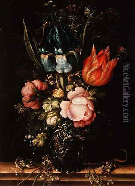 A Still Life of Roses, Tulips and other Flowers, 1623 Oil Painting - Roelandt Jacobsz Savery