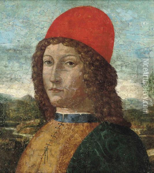 Portrait Of A Gentleman, Bust-length, In A Red Hat, A Landscapebeyond Oil Painting - Lorenzo Di Credi