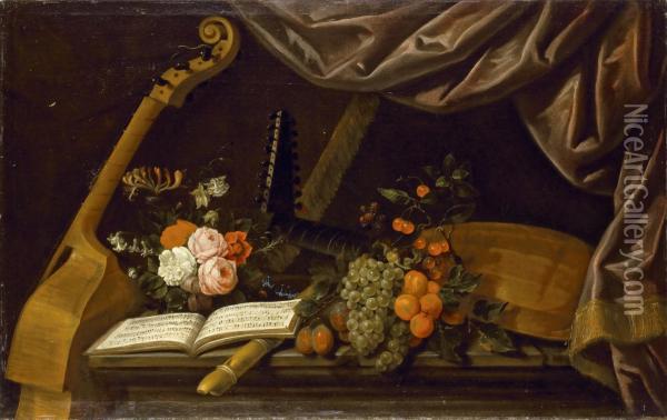 Fleurs, Fruits Et Instruments De Musique Sur Un Entablement Enpierre Oil Painting - Francois Habert