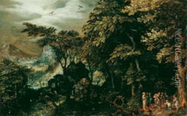 Waldlandschaft Mit Biblischer Staffage (christus Und Die Ehebrecherin?) Oil Painting - Gillis Van Coninxloo III