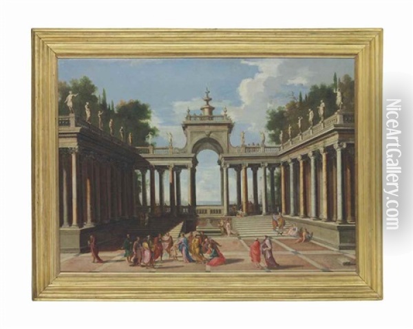 A Capriccio Of A Palace Courtyard With Christ Blessing The Children Oil Painting - Alberto Carlieri