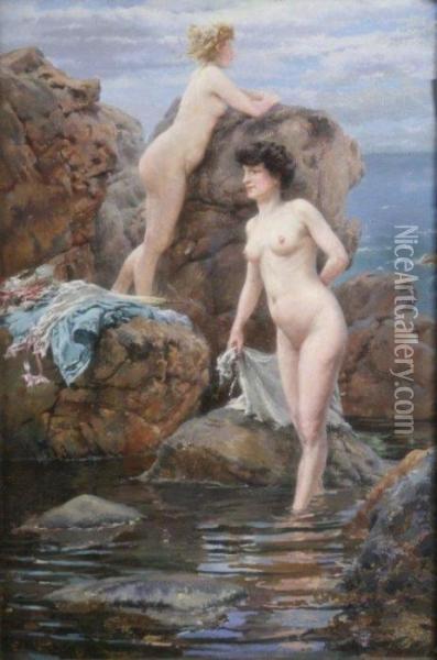 Bathing Beauties On A Rocky Shore Oil Painting - Ferdinand Joseph Gueldry