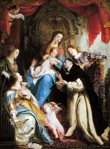 The Virgin Offering the Rosary to St. Dominic, 1641 Oil Painting - Gaspard de Crayer