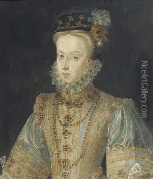Portrait Of Maria Of Austria, Half-length, In A Silver Silkdress Oil Painting - Francois Clouet