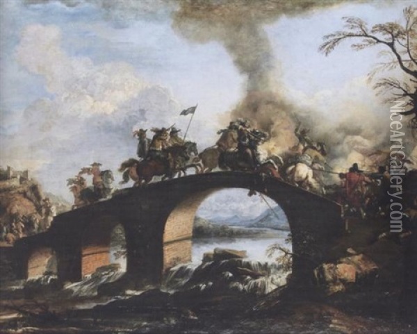 A Cavalry Skirmish On A Bridge Oil Painting - Jacques Courtois