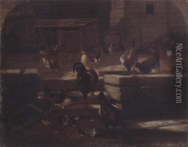 Poultry Feeding In A Yard Oil Painting - Frederick Rondel
