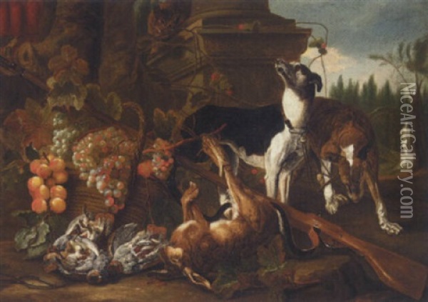 A Still Life With Two Greyhounds, A Hare, A Cat, Partridges, Together With A Musket And Baskets Of Fruit, In A Parkland Setting Oil Painting - Jan Fyt