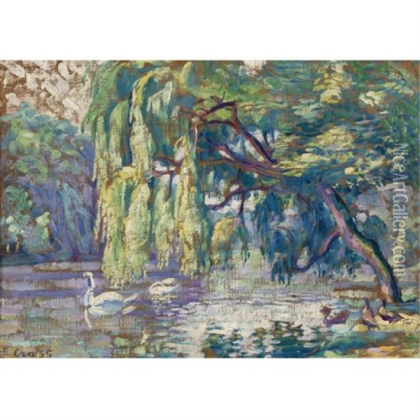 Famille De Cygnes (le Bois De Boulogne) Oil Painting - Henri-Edmond Cross