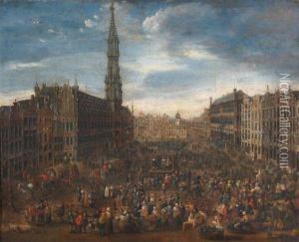 The Grand Place, Brussels, Belgium On Market Day Oil Painting - Mattijs Schoevaerdts