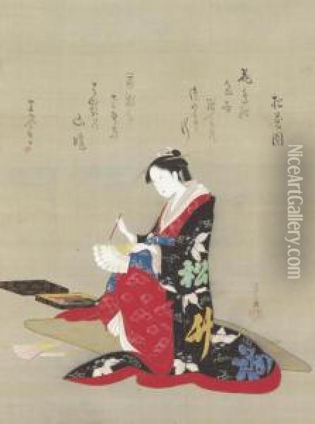 Beauty Writing A Poem On A Fan Oil Painting - Chobunsai Eishi