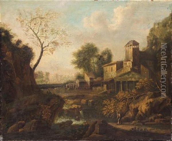 Italianate Landscape With A Figure Beside A River And A Town Beyond Oil Painting - Giovanni Battista Busiri