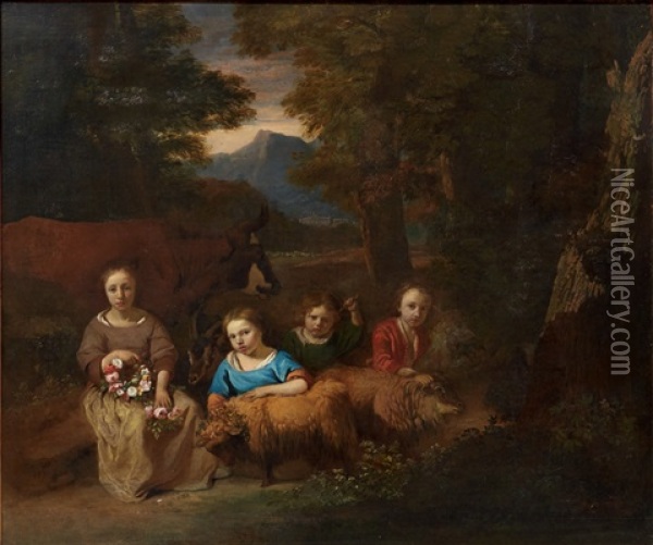 Quatre Jeunes Enfants Bergers Oil Painting - Abraham van Conincxvelt
