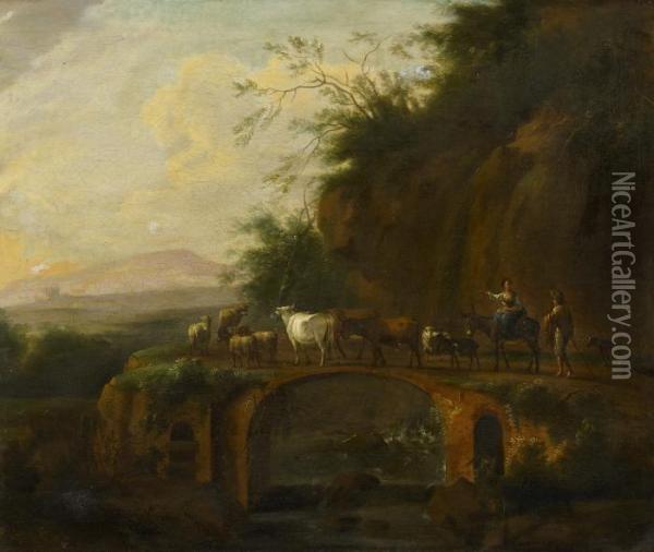 Italian Landscape With Cowherds On An Old Roman Bridge Oil Painting - Rembrandt Van Rijn