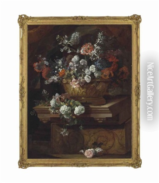 Roses, Carnations, Tulips, Forget-me-nots, And Other Flowers In A Sculpted Urn, With Carnations And Other Flowers On A Classical Plinth Oil Painting - Jean-Baptiste Monnoyer