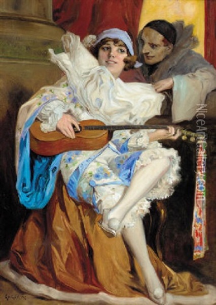 Pierrot And Columbina Oil Painting - Richard Geiger