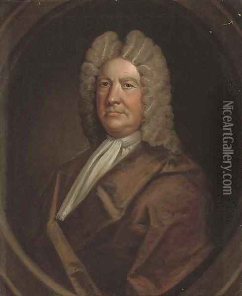Portrait of a gentleman, bust-length, in a brown mantle, in a sculpted oval Oil Painting - English School