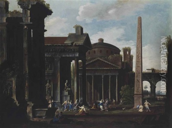 An Architectural Capriccio Of The Pantheon And Other Buildings, With Figures Making A Sacrifice To A Goddess, Figures Conversing And Dancing Amongst The Ruins Beyond Oil Painting - Domenico Roberti