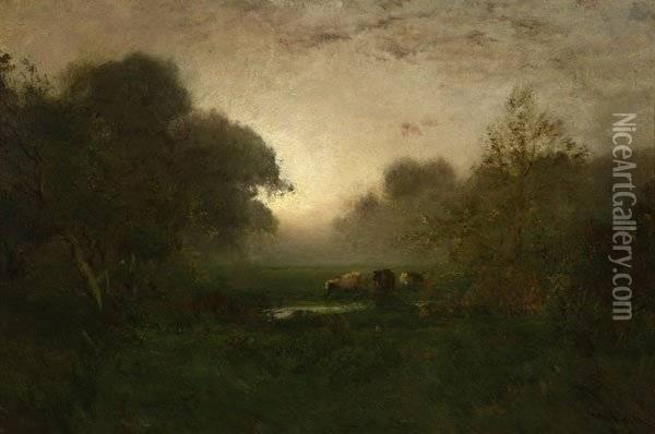 Cows Watering In A Barbizon Landscape Oil Painting - William Keith
