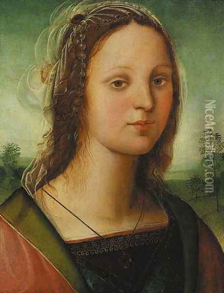 Portrait of a young lady, bust-length, with a pearl headdress, a landscape beyond Oil Painting - Raffaellino del Garbo