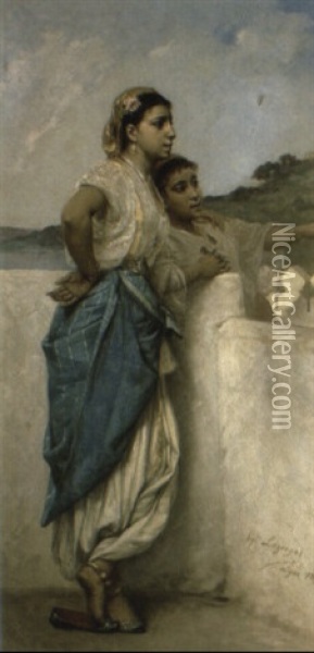 Arab Girls On A Terrace Oil Painting - Jean Raymond Hippolyte Lazerges