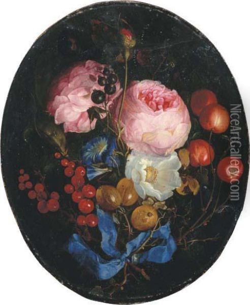 A Swag Of Pink Roses, 
Gooseberries, Cherries And Other Berries Witha Bow Hanging From A Nail Oil Painting - Jacob van Walscapelle