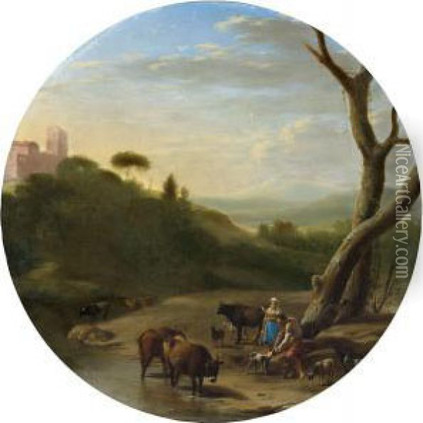 Italienische Landschaft Mit Hirten Oil Painting - Goffredo, Gottfried Wals