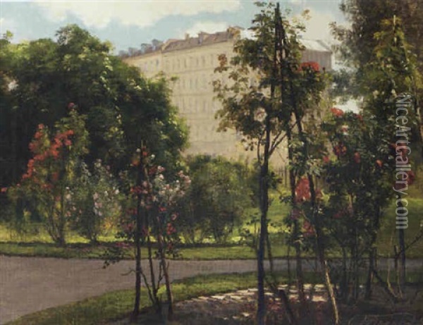 A Colonnade On The Edge Of A Park With Roses In Bloom Oil Painting - Carl Frederik Peder Aagaard