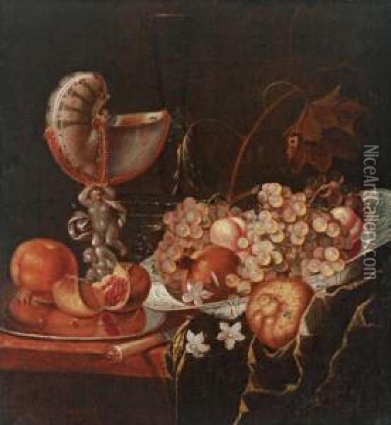 Natura Morta Con Frutti E Una Copparicavata Da Un Nautilo Oil Painting - Juriaen van Streeck