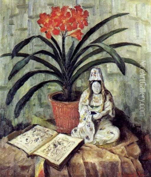 Opstilling Med Amaryllis, Bog Og Kinesisk Porcelaensfigur Oil Painting - Anna Gumlich-Kempf