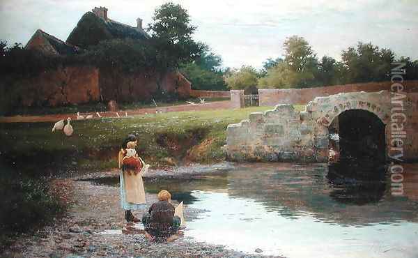 Playing by the Old Bridge Oil Painting - Joseph Malachy Kavanagh