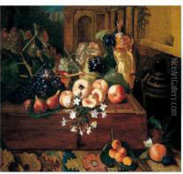 Still Life Of Peaches, Grapes, A
 Pear And A German Ivory Tankard Upon A Wooden Box, Together With Apples
 And Apricots Upon A Carpet Oil Painting - Pieter Snyers