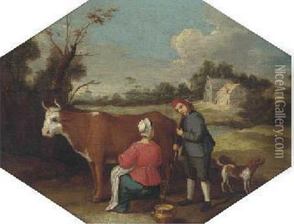 A Milkmaid Milking A Cow With A Farmhand In A Landscape Oil Painting - Adrian Van De Velde