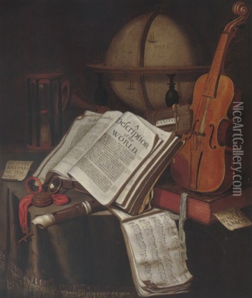 A Vanitas Still Life Of A Globe, Books, An Hourglass, Violin, Recorder, A Pocket-watch And Sheet Music, All Upon A Table Draped With A Cloth Oil Painting - Edward Collier