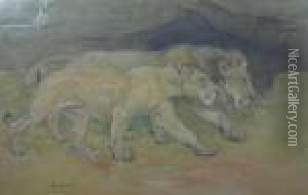Lions On The Plain Oil Painting - William Walls
