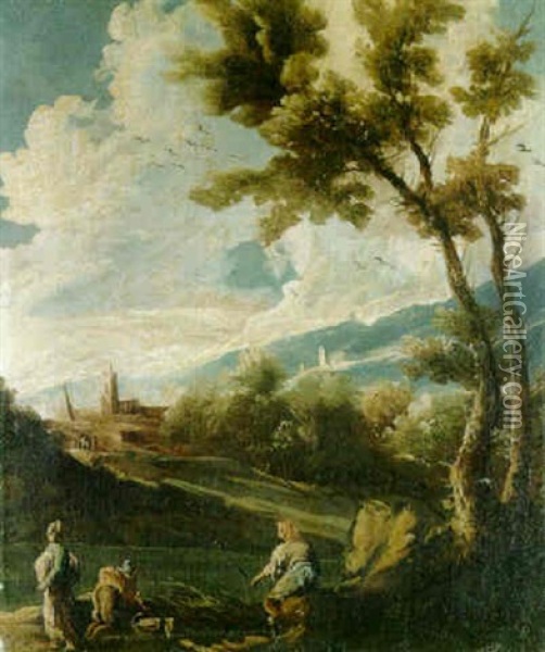 A Wooded River Landscape With An Angler And Two Washerwomen Oil Painting - Alessandro Magnasco