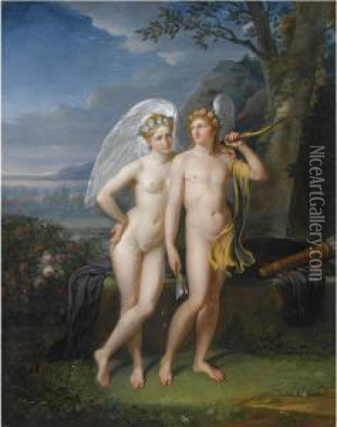 Cupid And Psyche In A Landscape Oil Painting - Robert J. Fr. Faust Lefevre