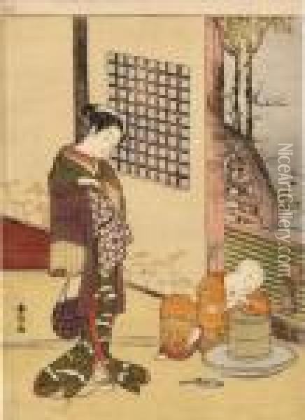 A Young Girl Looks Down Fondly On A Oil Painting - Suzuki Harunobu