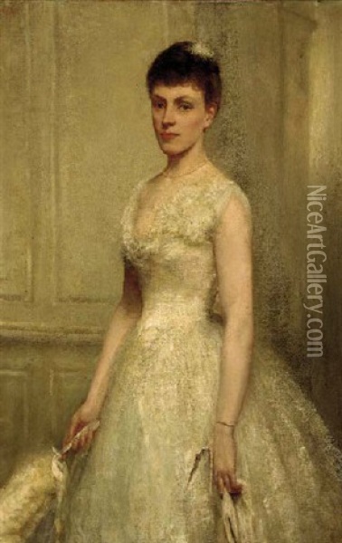 Portrait Of Rosalind Speid In A White Dress, Holding A Fan Oil Painting - Robert Dudley Oliver