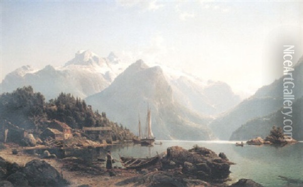 Norwegian Fjord Landscape Oil Painting - Johannes Bartholomaeus Duntze