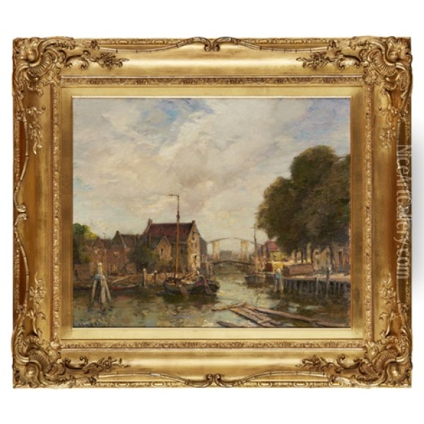 Barges On A Canal Oil Painting - James Campbell Noble