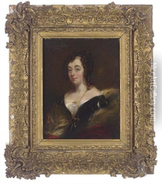 Portrait Of A Lady Seated In A Black Dress With White Collar And Pearls In Her Hair Oil Painting - Mary Martha Pearson