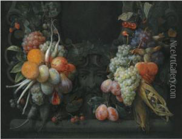 Grapes And Other Fruits And Maize Surrounding A Stone Cartouchewith A Sculpted Head Oil Painting - Joris Van Son