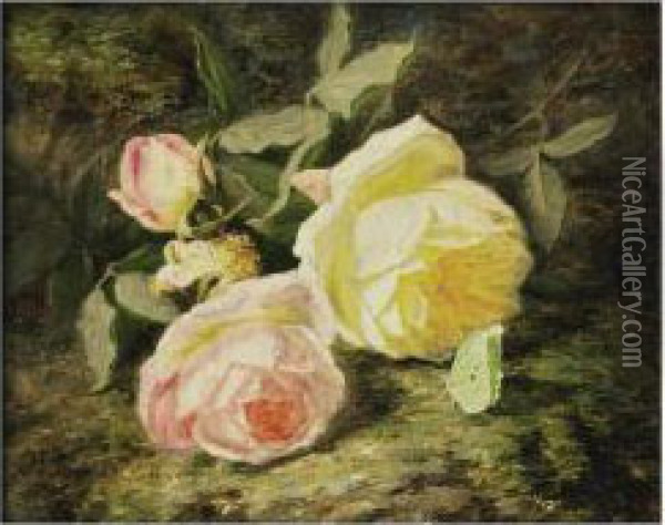Roses Et Papillon Oil Painting - Simon Saint-Jean